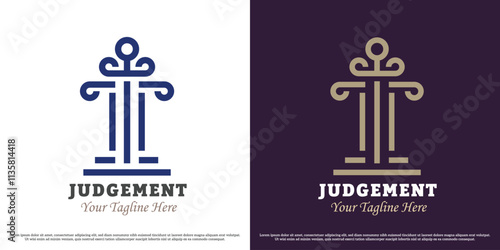 Court judge logo design illustration. Silhouette of pillar column linear lawyer law rule regulation firm office business justice. Simple minimal geometric classic elegant luxury bold icon symbol.