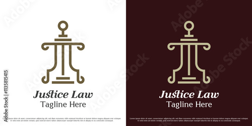 Lawyer consultant logo design illustration. Silhouette of legal pillars of legal jurisdiction of business building. Classic simple minimal bold aristocrat icon symbol.