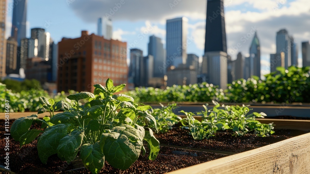 A rooftop garden with lush green plants set against a backdrop of skyscrapers and a bright sky, symbolizing urban agriculture and sustainability. A rooftop garden with lush green plants set against a backdrop of skyscrapers and a bright sky, symbolizing urban agriculture and sustainability.