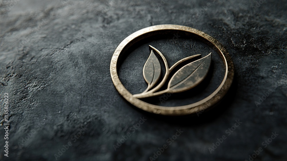 Elegant bronze leaf logo on dark stone. Elegant bronze leaf logo on dark stone.