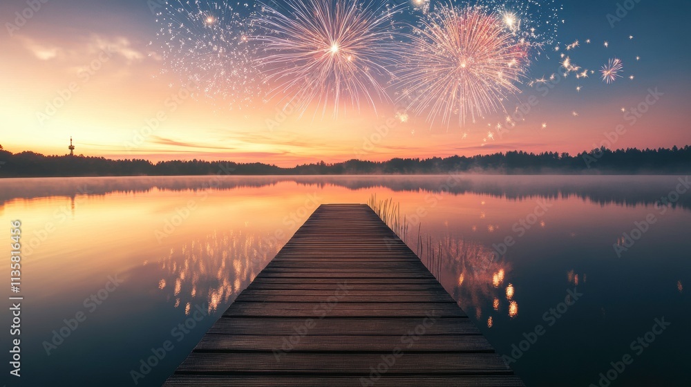 Serene Fireworks over Calm Lake Serene Fireworks over Calm Lake