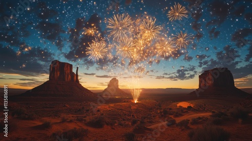 Monument Valley Fireworks: A breathtaking spectacle of fireworks erupting against the iconic Monument Valley landscape, with the starry night sky adding a touch of magic to the scene. 