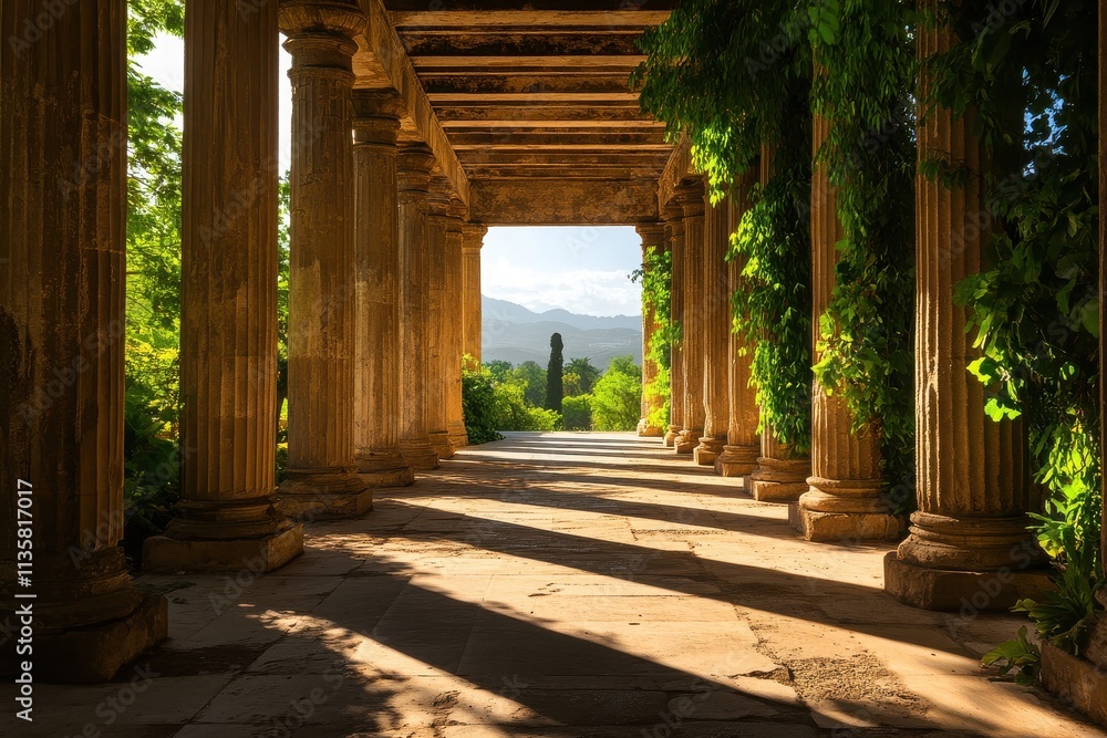 A serene pathway lined with ancient columns, leading to a lush garden, illuminated by soft sunlight filtering through the greenery. A serene pathway lined with ancient columns, leading to a lush garden, illuminated by soft sunlight filtering through the greenery.