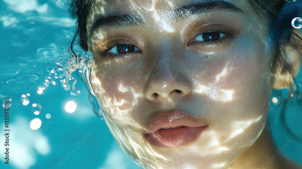 Close-up of a woman's face submerged in water, illuminated by an ethereal light. Close-up of a woman's face submerged in water, illuminated by an ethereal light.