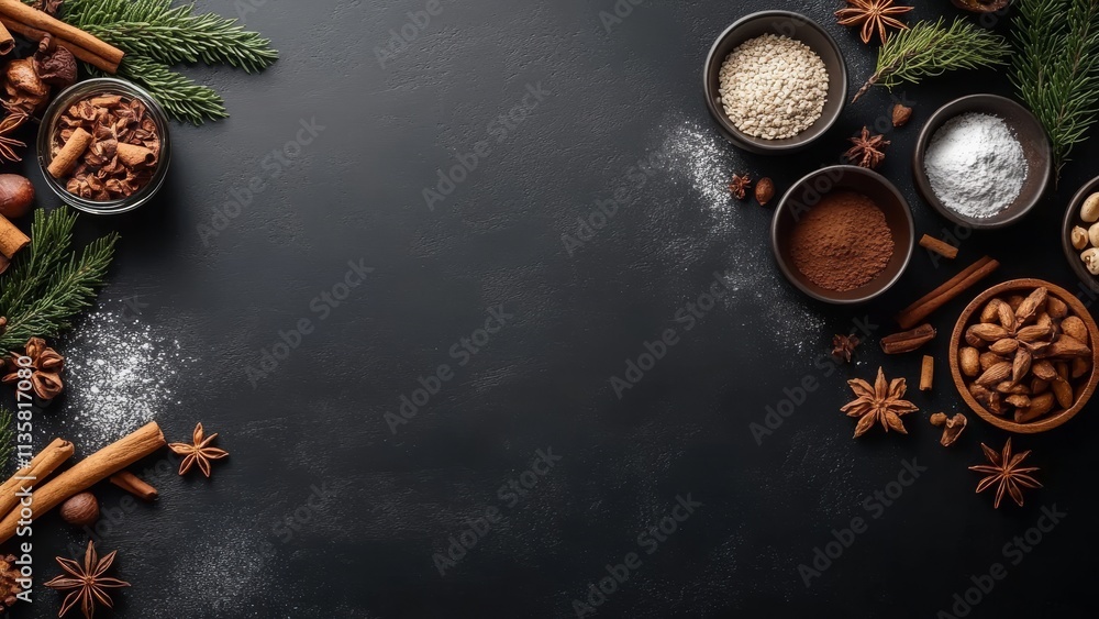 Cooking ingredients and spices arranged on a dark surface Cooking ingredients and spices arranged on a dark surface