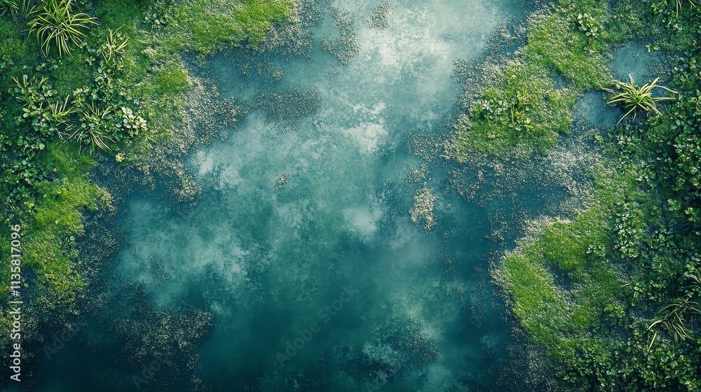 Aerial view of marshy water terrain with murky algae-filled water, seamlessly blending edges in a Photoshop pattern format, creating a natural, textured surface for use in various design applications. Aerial view of marshy water terrain with murky algae-filled water, seamlessly blending edges in a Photoshop pattern format, creating a natural, textured surface for use in various design applications.
