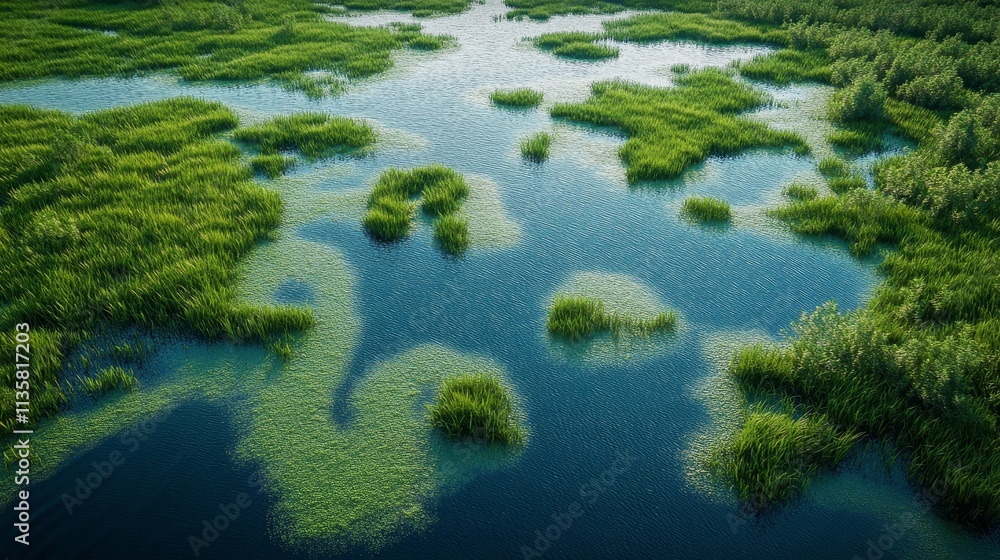 Aerial view of marshy water terrain with murky algae-filled water, seamlessly blending edges in a Photoshop pattern format, creating a natural, textured surface for use in various design applications. Aerial view of marshy water terrain with murky algae-filled water, seamlessly blending edges in a Photoshop pattern format, creating a natural, textured surface for use in various design applications.