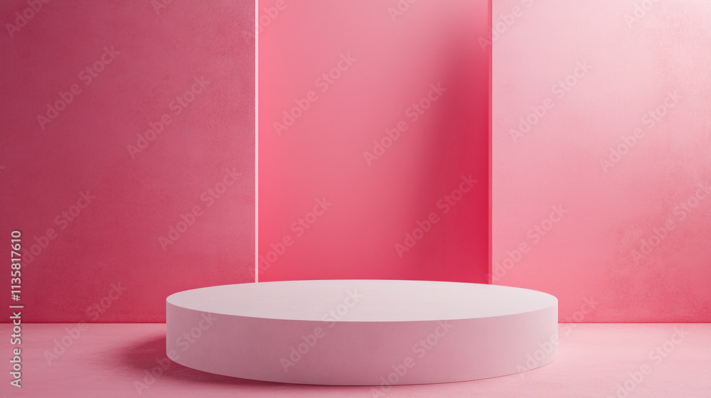 Circular platform with pink backdrop in minimalist studio setting for product display Circular platform with pink backdrop in minimalist studio setting for product display