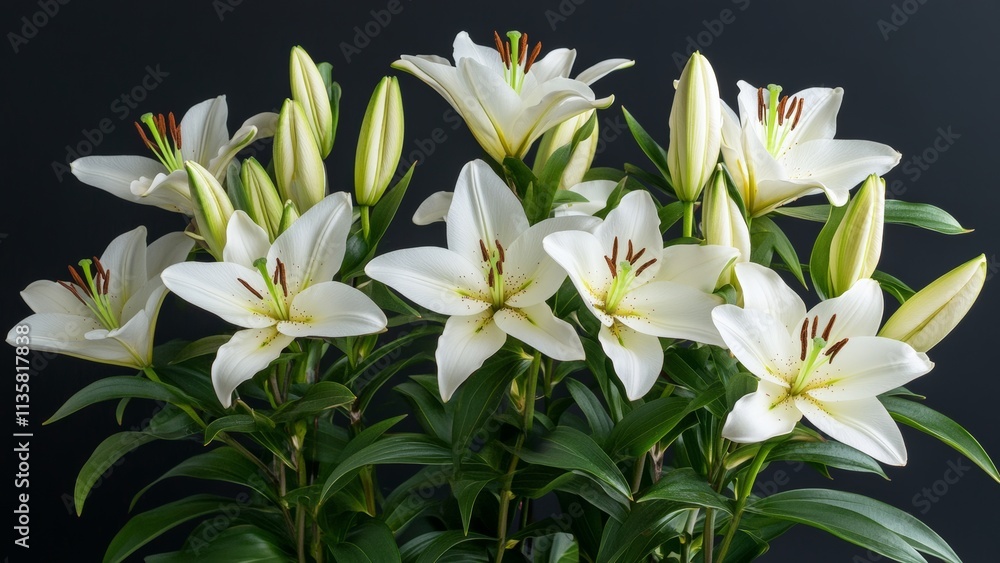 Elegant arrangement of white lilies in a dark background display Elegant arrangement of white lilies in a dark background display