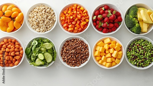 Balanced meals artfully arranged on a white background, featuring colorful fruits, vegetables, proteins, and grains with ample copy space for adding text, ideal for healthy eating concepts. 