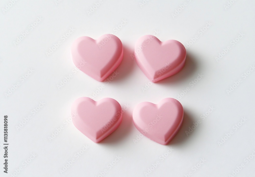 Four Pink Heart Shaped Objects on White Background Romantic Valentine's Day Concept Four Pink Heart Shaped Objects on White Background Romantic Valentine's Day Concept