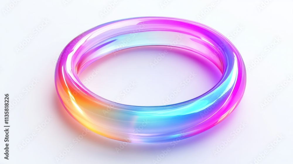 A colorful hologram ring with soft glowing highlights and vibrant gradient colors, floating on a clean white background A colorful hologram ring with soft glowing highlights and vibrant gradient colors, floating on a clean white background