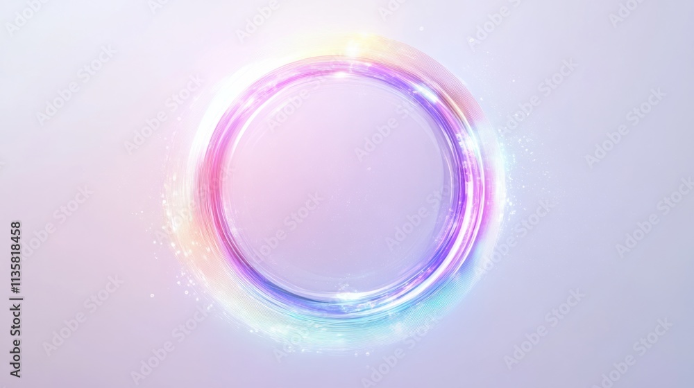 A dreamy holographic frame in a circular shape, featuring soft rainbow colors and glowing highlights, on white A dreamy holographic frame in a circular shape, featuring soft rainbow colors and glowing highlights, on white