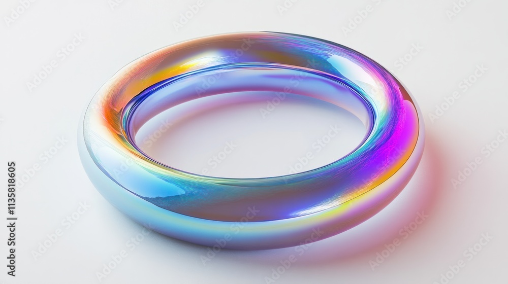 A floating holographic ring with a smooth surface and reflective gradient effects, placed on a white background A floating holographic ring with a smooth surface and reflective gradient effects, placed on a white background