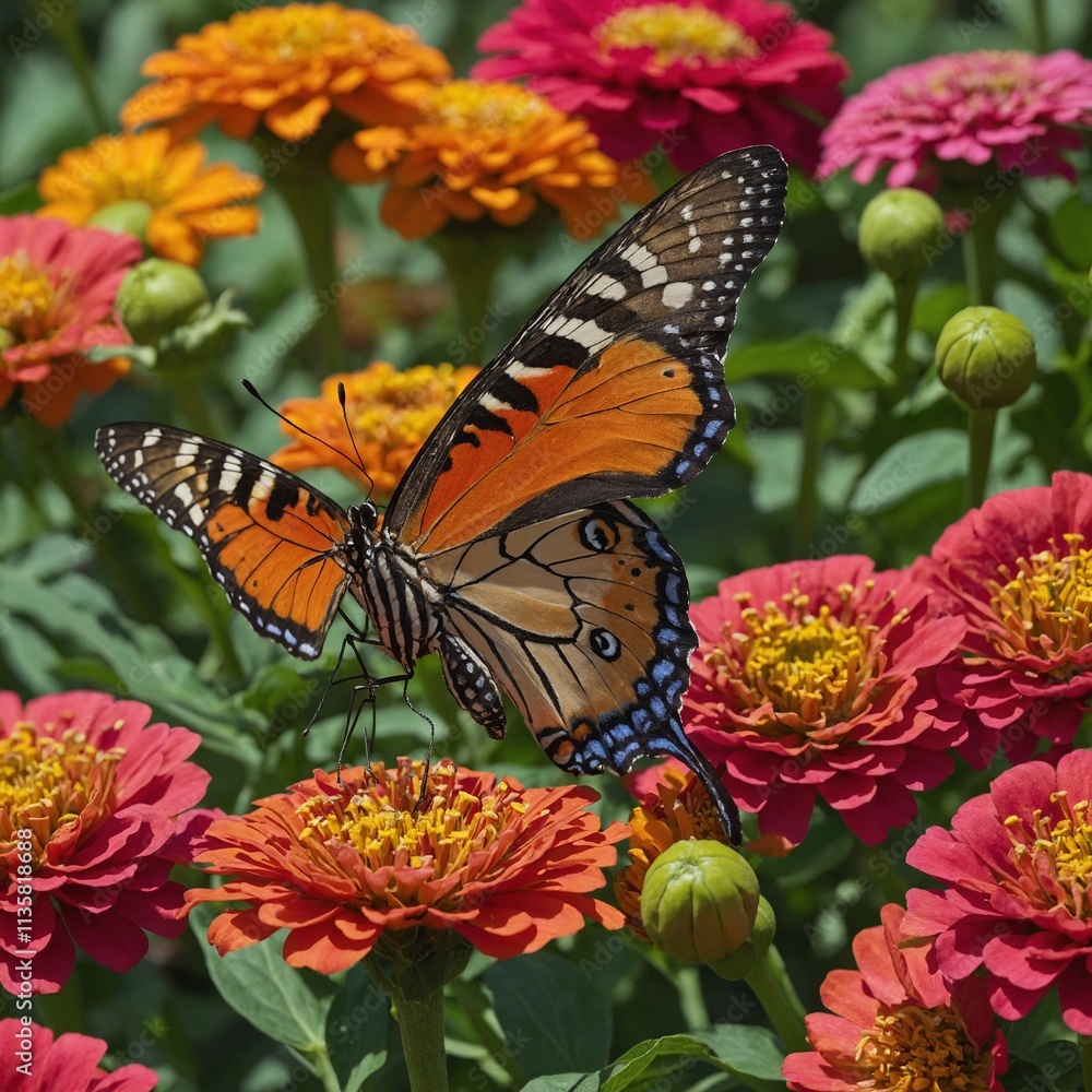 Obraz premium A beautiful butterfly sipping nectar from a cluster of vibrant zinnias.