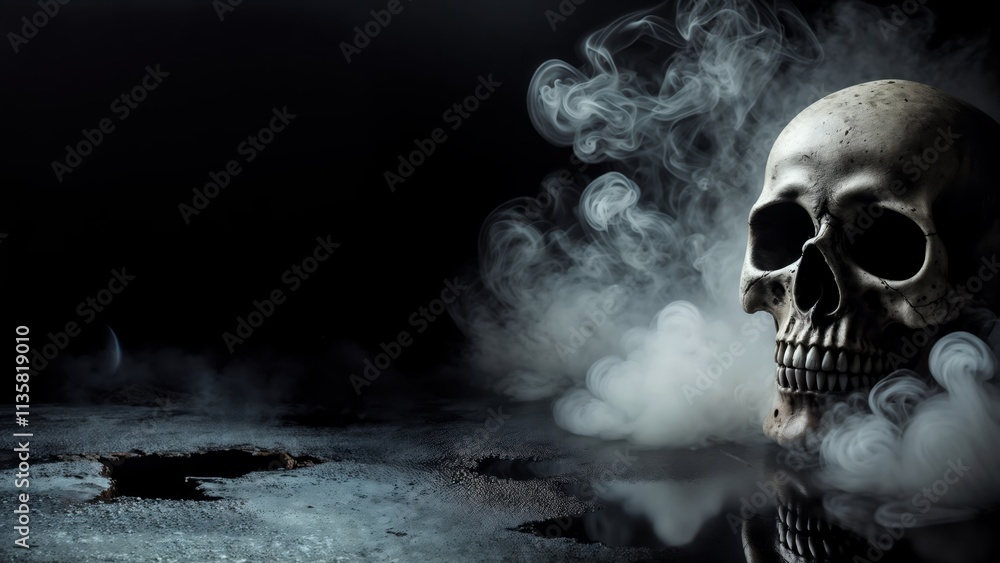Skull with smoke on black background, halloween concept. Copy space Skull with smoke on black background, halloween concept. Copy space