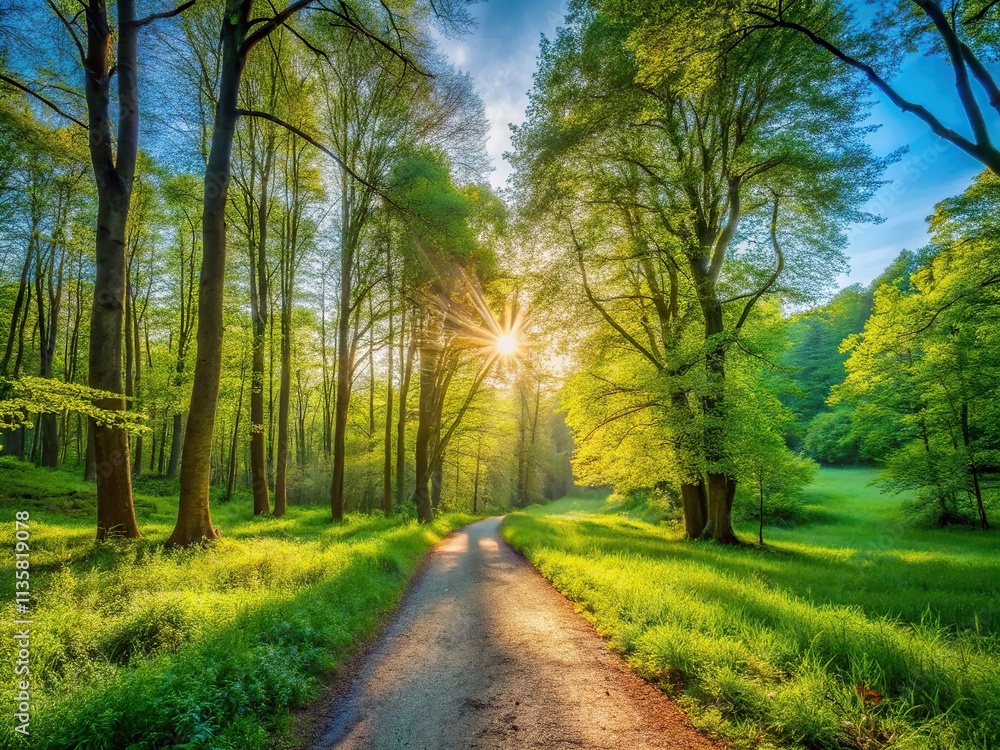 Wide-angle shot of a serene spring morning, clear sky, vibrant greens, soft light, welcoming path leading into a lush forest, shallow depth of field, focusing on peaceful atmosphere. Wide-angle shot of a serene spring morning, clear sky, vibrant greens, soft light, welcoming path leading into a lush forest, shallow depth of field, focusing on peaceful atmosphere.