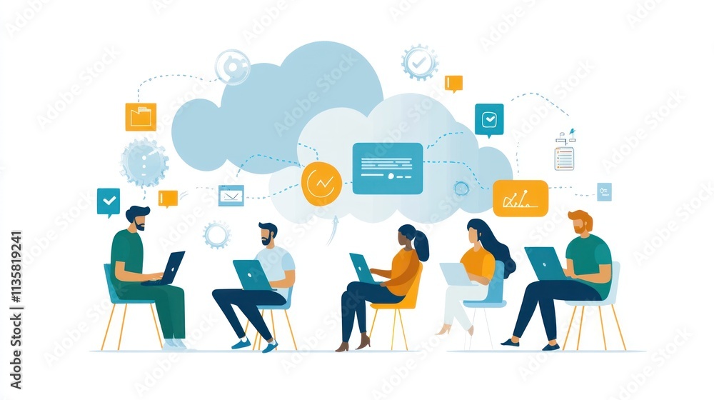A group of online community members collaborating on a project using digital tools and cloud-based technology. A group of online community members collaborating on a project using digital tools and cloud-based technology.