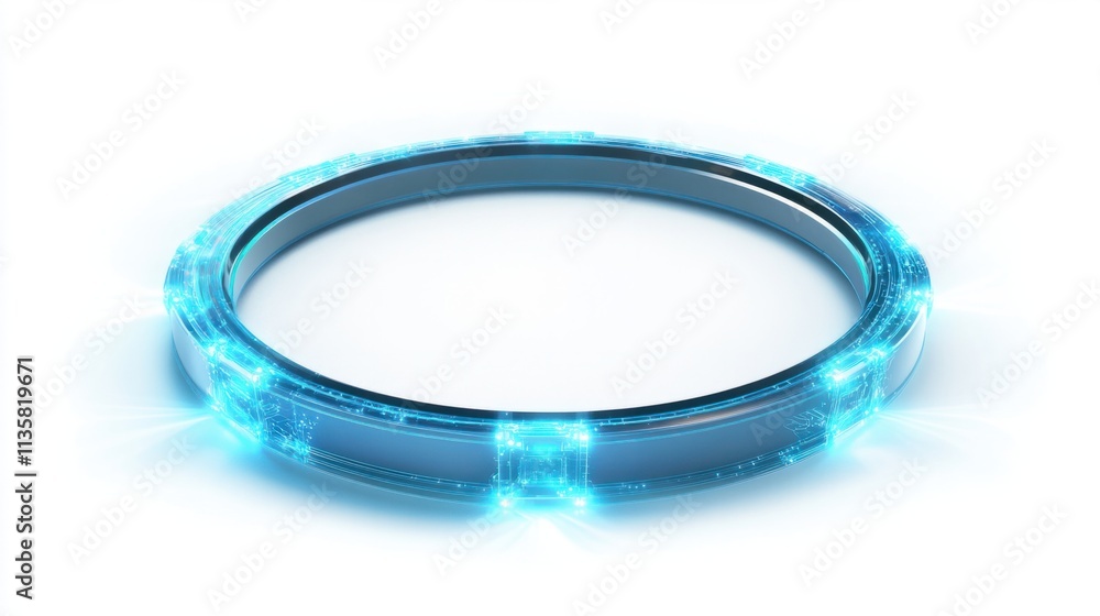A futuristic ring-shaped hologram frame with glowing light beams emanating outward, on a clean white background A futuristic ring-shaped hologram frame with glowing light beams emanating outward, on a clean white background