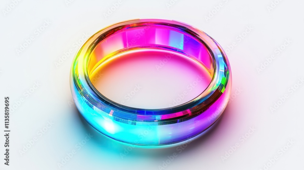 A futuristic holographic ring with pulsating neon colors and metallic reflections, isolated on white A futuristic holographic ring with pulsating neon colors and metallic reflections, isolated on white