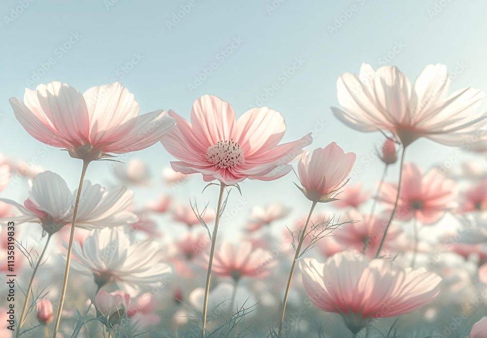 Delicate Pink and White Cosmos Flowers Field Delicate Pink and White Cosmos Flowers Field