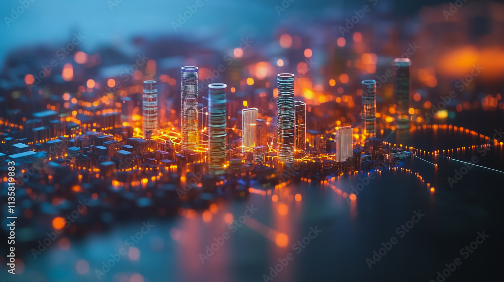Smart digital Innovation city with connection network reciprocity over the cityscape. of future smart wireless digital city and social media networking systems that connects people with in city Smart digital Innovation city with connection network reciprocity over the cityscape. of future smart wireless digital city and social media networking systems that connects people with in city