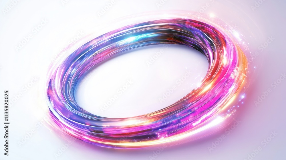 A glowing annular holographic frame with a pulsating neon aura, floating on a bright white background