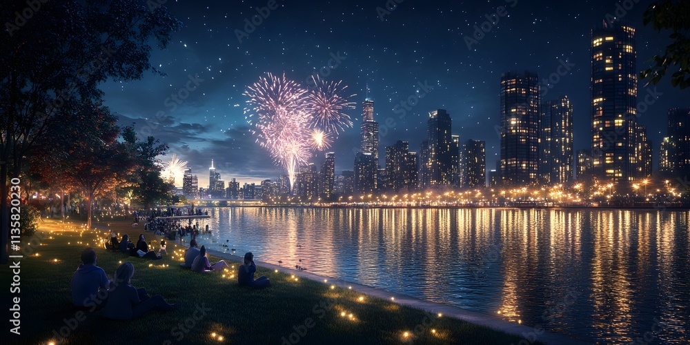 River flows through the city, people sitting on the grass watching New Year's fireworks. Skyscrapers backdrop, creating peaceful, celebratory atmosphere. Perfect for New Year, city tourism marketing. River flows through the city, people sitting on the grass watching New Year's fireworks. Skyscrapers backdrop, creating peaceful, celebratory atmosphere. Perfect for New Year, city tourism marketing.