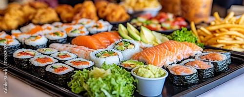 Panel kuchenny z motywem Delicious Sushi Platter with Salmon, Avocado, and Various Rolls