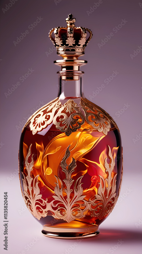 An Elegant Bottle with Radiant Liquid, Ornate Filigree, and a Crown-Inspired Stopper An Elegant Bottle with Radiant Liquid, Ornate Filigree, and a Crown-Inspired Stopper