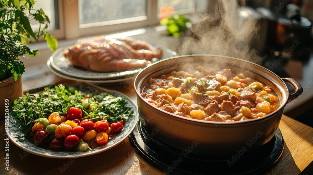 A pot of steaming beef stew is placed side by side with a plate of fresh cherries, with chicken, fish, and vegetables in the background. Warm natural light fills the Chinese kitchen A pot of steaming beef stew is placed side by side with a plate of fresh cherries, with chicken, fish, and vegetables in the background. Warm natural light fills the Chinese kitchen