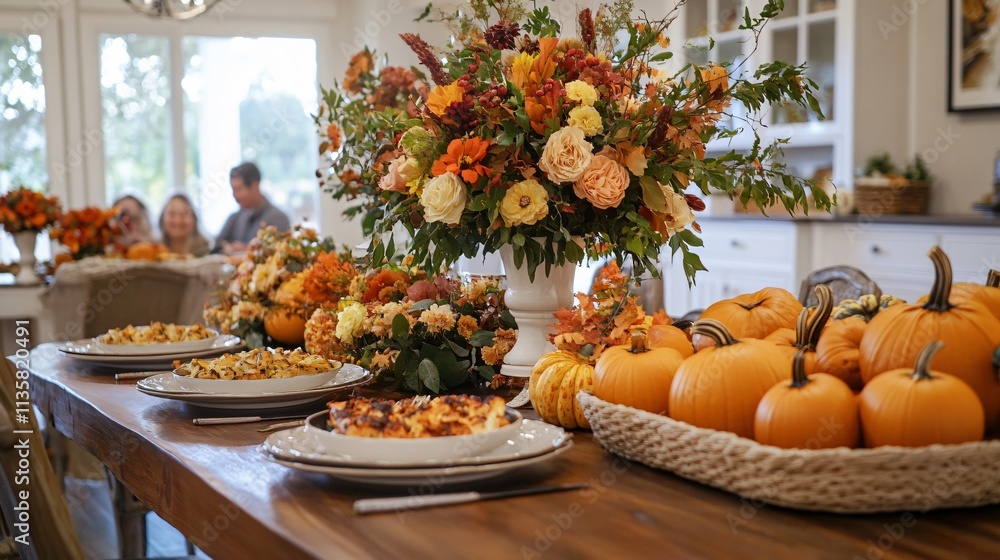 Autumn Thanksgiving Table Setting with Pumpkins and Flowers Autumn Thanksgiving Table Setting with Pumpkins and Flowers