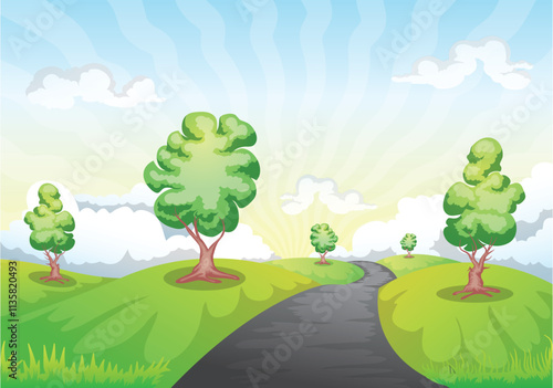 empty landscape with tree and straight road  ond bright blue sky background illustration