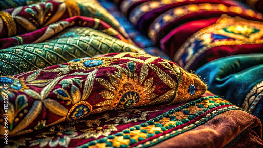 Worm's eye view of muted velvet, African-inspired textiles, rich jewel tones, shallow depth of field, vintage aesthetic, capturing intricate patterns. Worm's eye view of muted velvet, African-inspired textiles, rich jewel tones, shallow depth of field, vintage aesthetic, capturing intricate patterns.