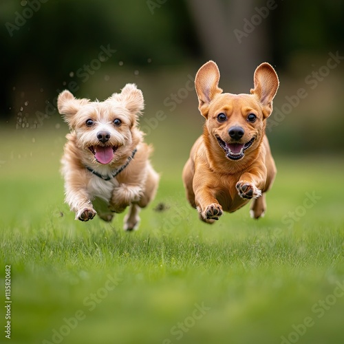 Two happy dogs running in a park