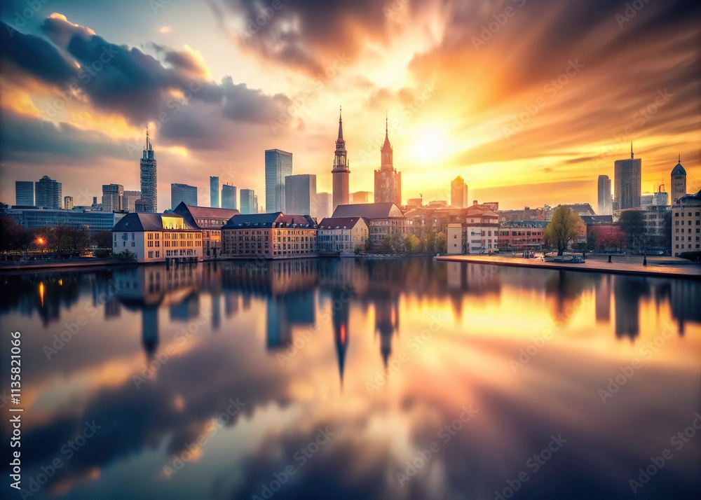 Tilted, ethereal electrum-hued cityscape at dawn, serene and calm, soft light, slight motion blur, shallow depth of field, showcasing architectural details, dramatic low-angle perspective. Tilted, ethereal electrum-hued cityscape at dawn, serene and calm, soft light, slight motion blur, shallow depth of field, showcasing architectural details, dramatic low-angle perspective.
