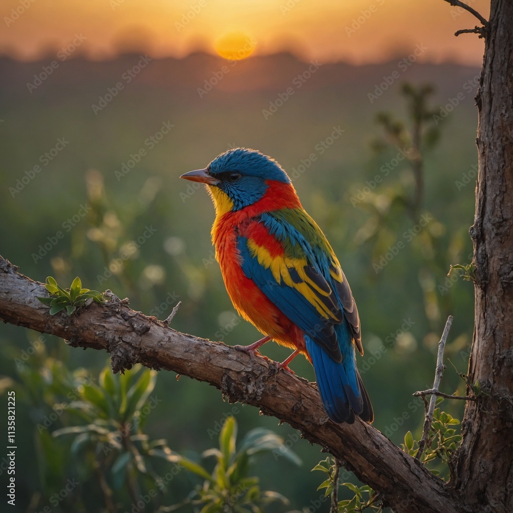 Fototapeta premium A stunningly colorful bird perched on a delicate branch at sunrise.