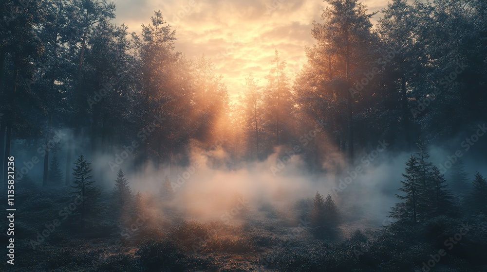 Obraz premium Misty Forest with Sun Rays