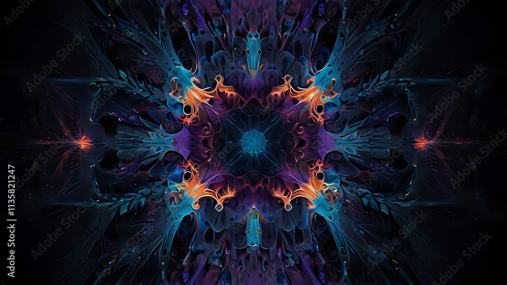 Obraz premium Space abstraction. Multicolored spheres are illuminated by flashes of blue light and are located against a black background. 3D render. 