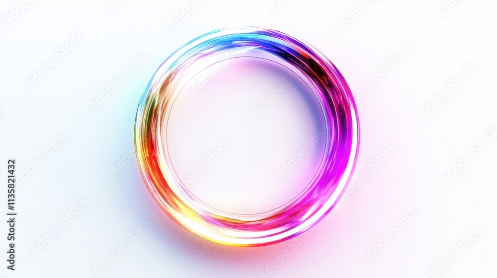 A radiant annular holographic frame with multicolored gradients and glowing edges, floating on a clean white background A radiant annular holographic frame with multicolored gradients and glowing edges, floating on a clean white background