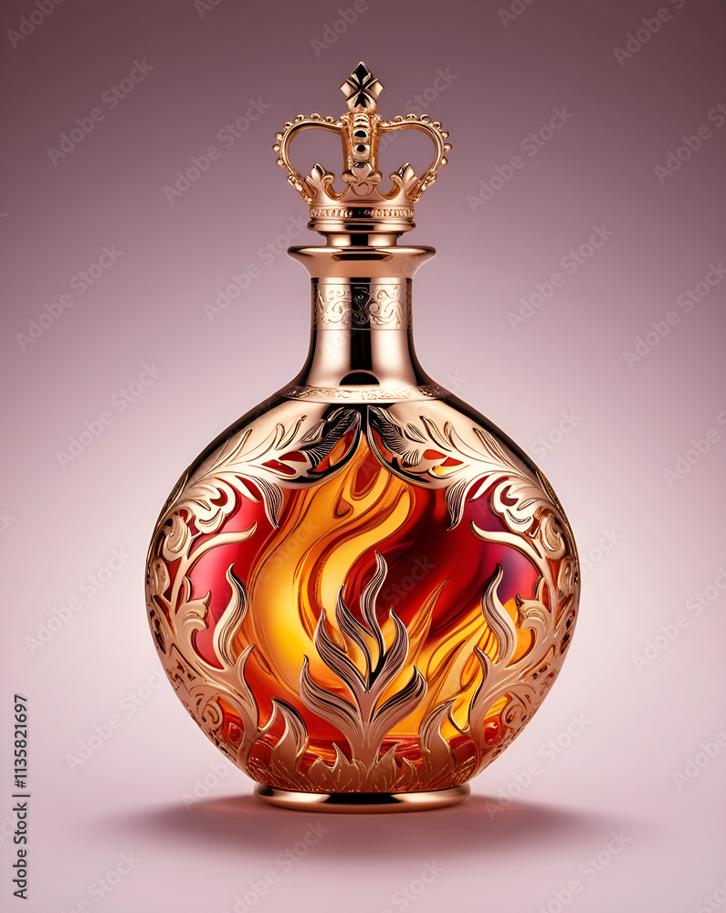 An Elegant Bottle with Radiant Liquid, Ornate Filigree, and a Crown-Inspired Stopper An Elegant Bottle with Radiant Liquid, Ornate Filigree, and a Crown-Inspired Stopper