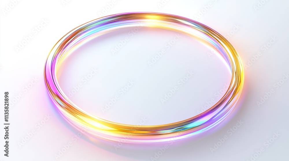 A sleek holographic frame with a polished metallic finish and subtle light beams, designed in an annular shape, on white A sleek holographic frame with a polished metallic finish and subtle light beams, designed in an annular shape, on white