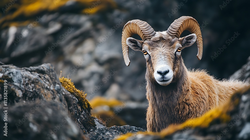Wild Bighorn Sheep in Rocky Terrain. Majestic Mountain Goat. Wild Bighorn Sheep in Rocky Terrain. Majestic Mountain Goat.
