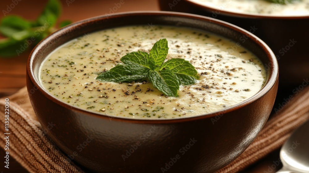Creamy mint soup served in wooden bowls with fresh herbs Creamy mint soup served in wooden bowls with fresh herbs