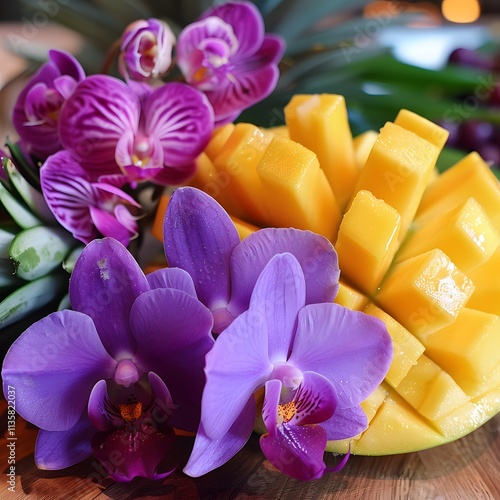 Tropical Mango with Purple Orchids Exotic Fruit Flowers