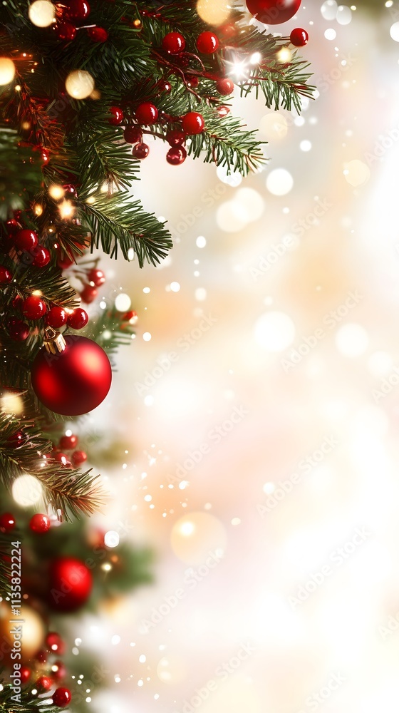 Fototapeta premium A vibrant Christmas background features a decorated tree with red ornaments and sparkling lights. This cheerful setting evokes the joy of holiday celebrations, making it ideal for flyers.