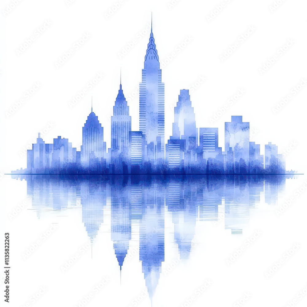 Obraz premium Blue Cityscape Watercolor Painting Urban Skyline Reflection