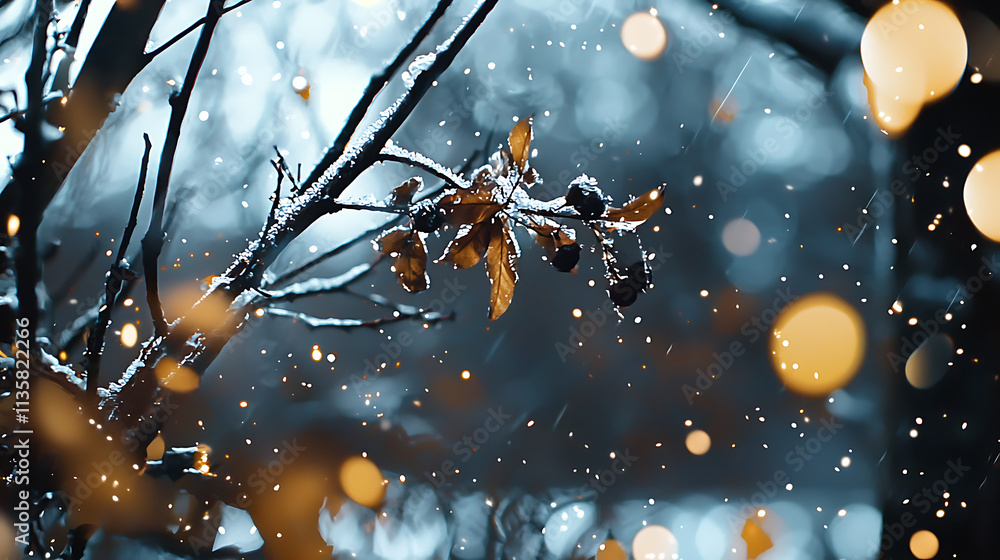 A branch covered in snow and leaves A branch covered in snow and leaves