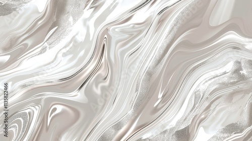 Abstract fluid art background beige and silver colors. Liquid marble. Ink beige backdrop with shiny wavy pattern