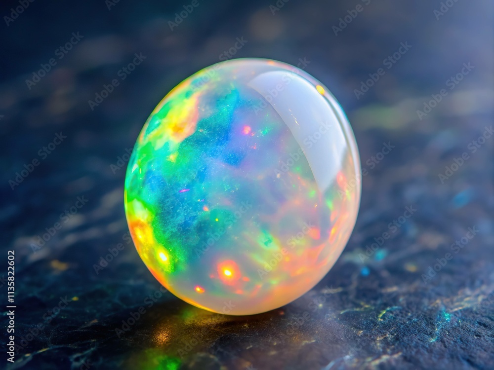 High-angle, subtly lit shot of a pale opal gemstone, seemingly floating, showcasing its flexible, almost liquid-like quality, bathed in soft, diffused light, emphasizing its ethereal beauty. High-angle, subtly lit shot of a pale opal gemstone, seemingly floating, showcasing its flexible, almost liquid-like quality, bathed in soft, diffused light, emphasizing its ethereal beauty.